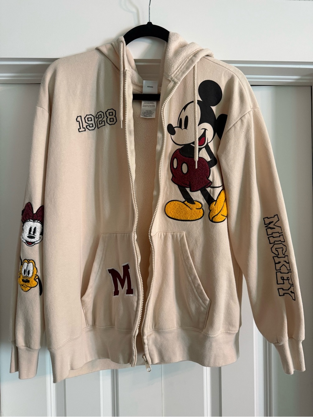 Disney Beige Mickey Mouse Graphic Zip Hoodie with Character Patches